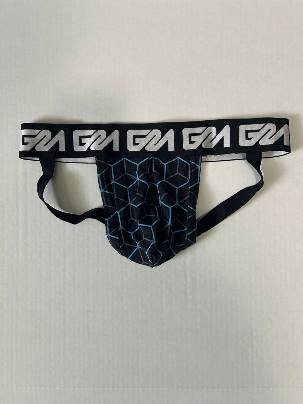 Comme des Garcons Black Jockstrap with Light Blue Geometric Print